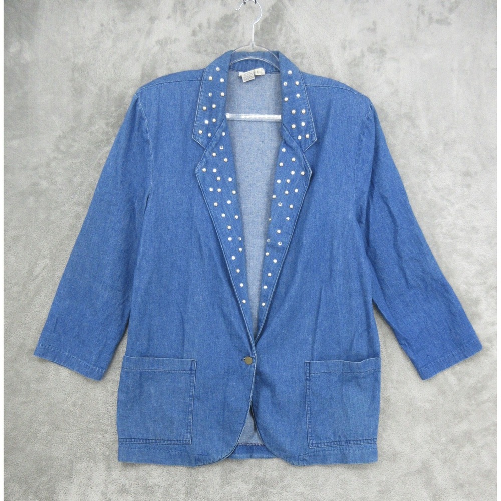 VTG Dreams Jacket Womens Size Large Denim Rhinestone Pearl Southwestern Blazer